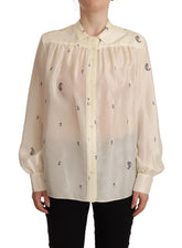 Aspesi Off White 100% Silk Long Sleeves Collared Top Blouse - IT46|XL