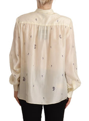 Aspesi Off White 100% Silk Long Sleeves Collared Top Blouse - IT46|XL