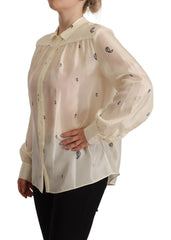 Aspesi Off White 100% Silk Long Sleeves Collared Top Blouse - IT46|XL