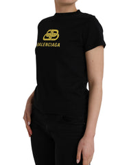 Balenciaga Black Cotton Logo Print Crew Neck Short Sleeves T-shirt - T-Shirts