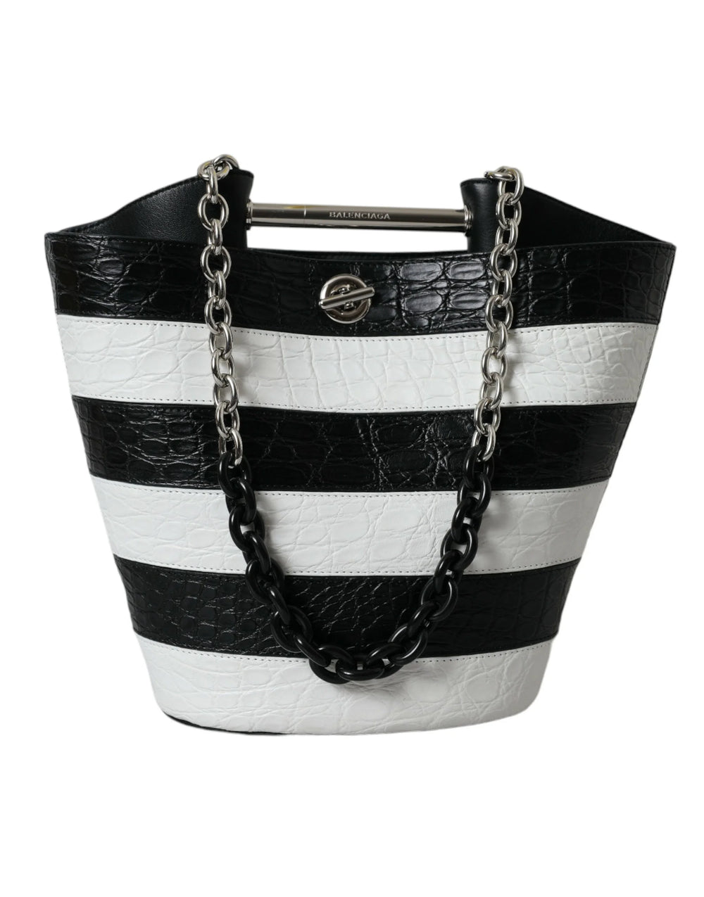 Balenciaga Black White Striped Exotic Skin Leather Maxi Bucket Tote Bag - Bucket Bags