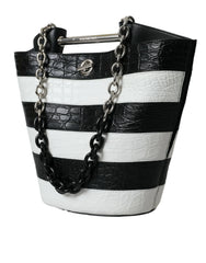 Balenciaga Black White Striped Exotic Skin Leather Maxi Bucket Tote Bag - Bucket Bags