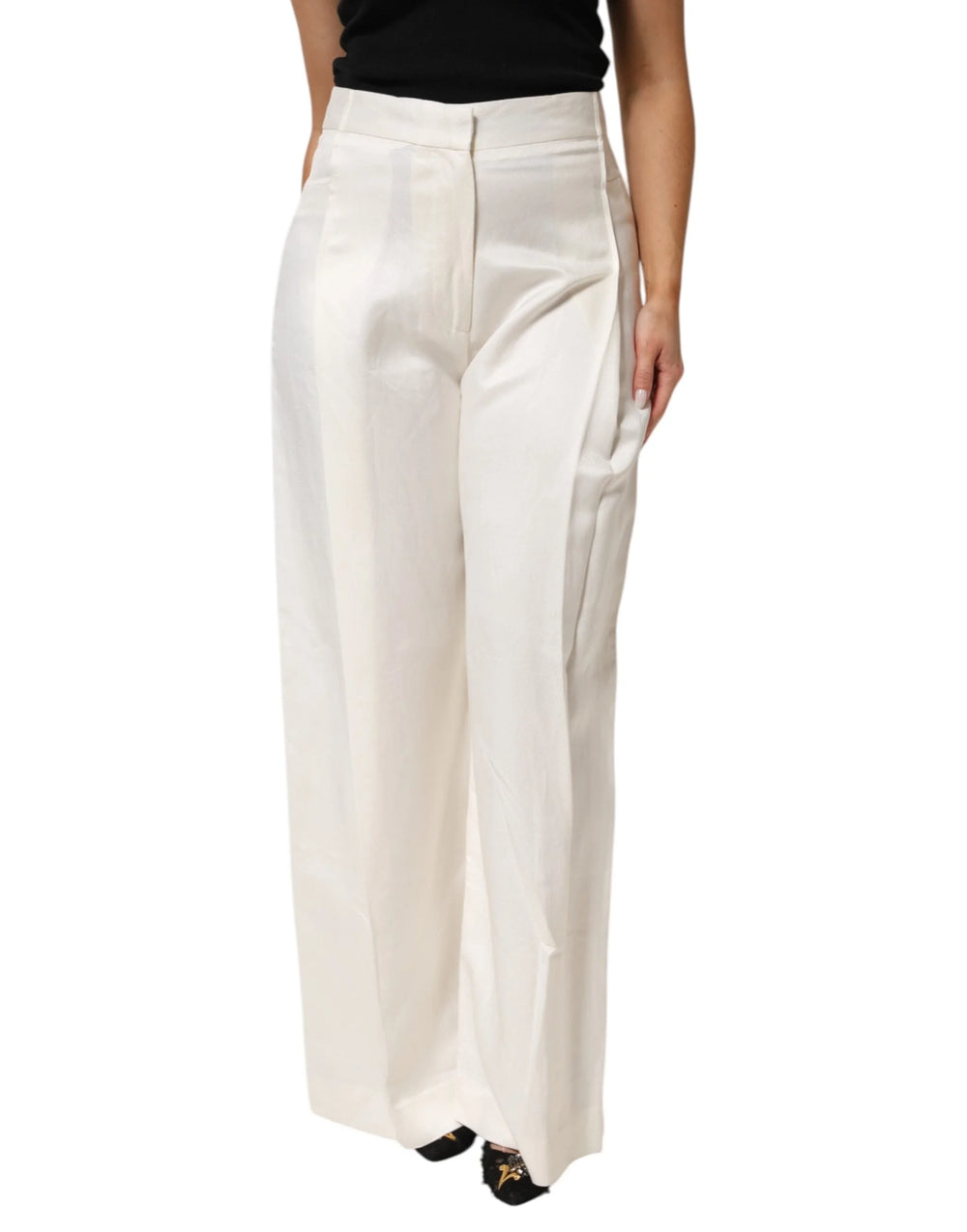 Brian Dales White Viscose Linen Wide Leg Palazzo Womens Pants - IT44 | L - Trousers