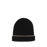 Front view of a Brunello Cucinelli black cashmere beanie featuring a classic ribbed knit texture and folded cuff.
