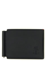 Brunello Cucinelli black goatskin leather money clip featuring a minimalist design and subtle embossed logo.