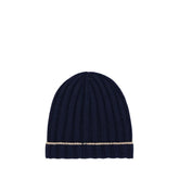 Front view of a Brunello Cucinelli men's beanie in deep blue ribbed cashmere, showcasing a classic fold-over cuff.