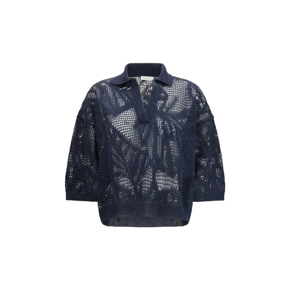 Brunello Cucinelli Modré lněné polo tričko