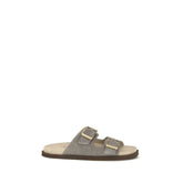 Brunello Cucinelli Gray Calf Leather Bos Taurus Flat Sandals