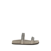 Brunello Cucinelli Gray Calf Leather Bos Taurus Flat Sandals - EU38/US8