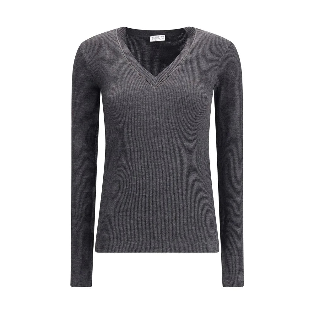 Brunello Cucinelli Long sleeve wool ribbed jersey T-shirt with shiny trim - T-Shirts