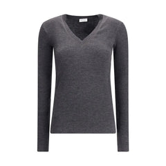 Brunello Cucinelli Long sleeve wool ribbed jersey T-shirt with shiny trim - T-Shirts