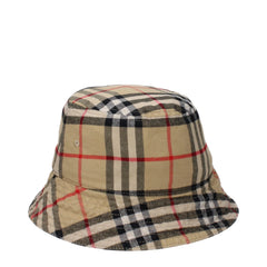 Burberry beige cotton bucket hat featuring the iconic vintage check pattern in a classic structured silhouette.