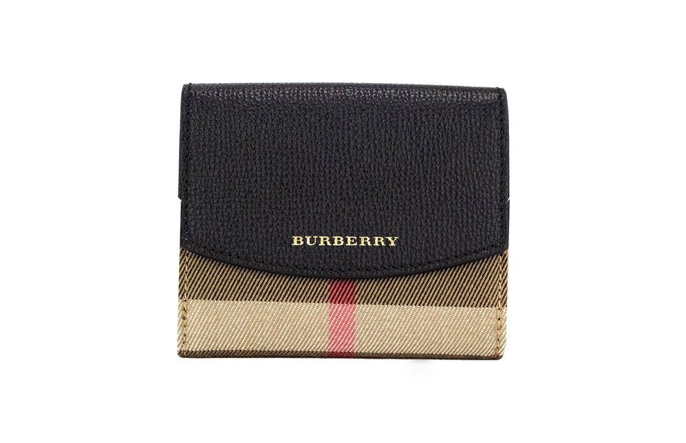 Burberry Luna Black Grained Leather House Check Canvas Coin Pouch Snap Wallet - Wallets