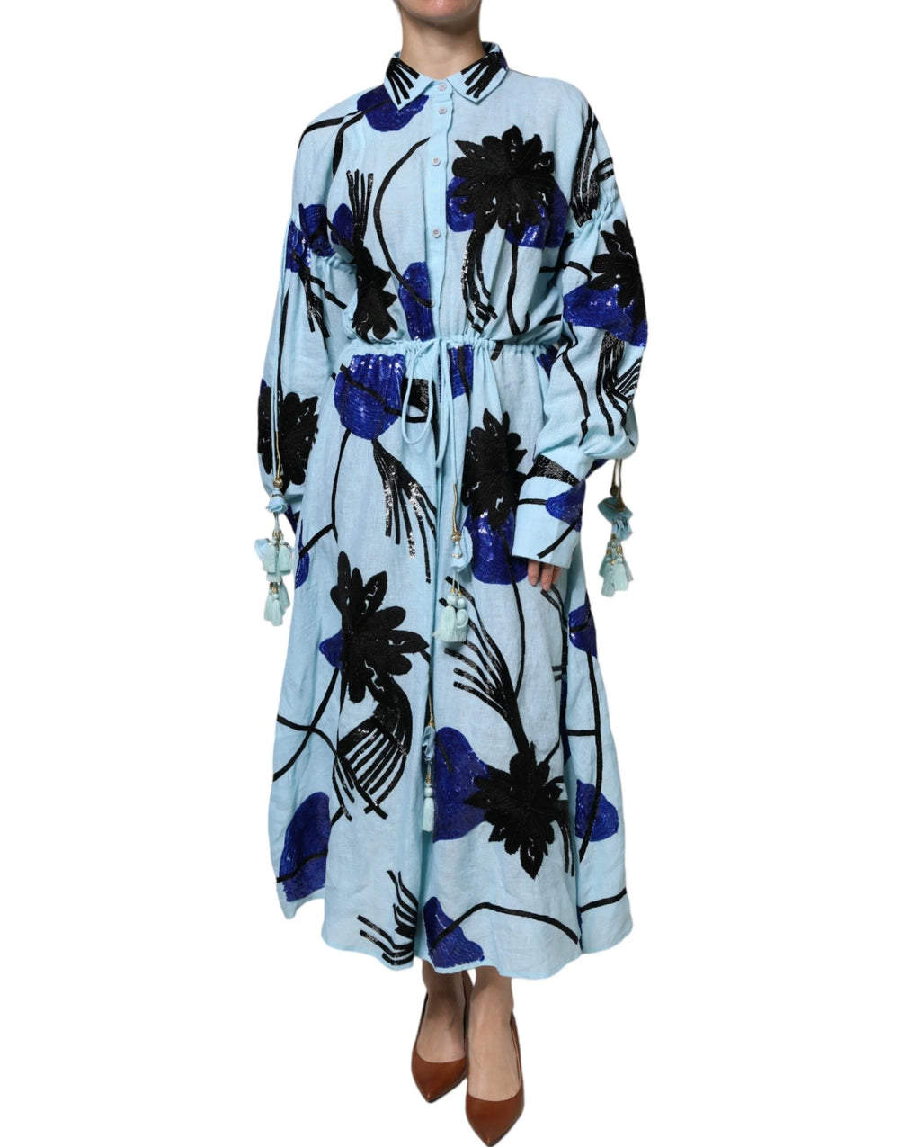 Christian Pellizzari Light Blue Floral Embellished Shirt Maxi Dress - IT42|M - Dresses