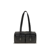 Front view of the Coccinelle black calf leather shoulder bag featuring a structured silhouette and gold-tone hardware.