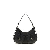 Front view of the Coccinelle black calf leather shoulder bag featuring a structured silhouette and gold-tone hardware.