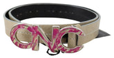 Costume National Beige Leather Pink Letter Logo Buckle Belt - 80 cm / 32 Inches - Belts
