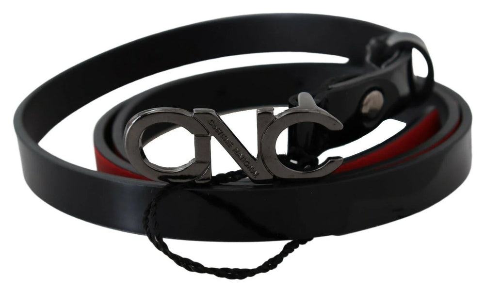 Costume National Black Skinny Leather Logo Buckle Belt - 85 cm / 34 Inches - Belts