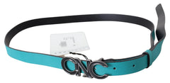 Costume National Blue Green Leather Logo Silver Buckle Belt - 85 cm / 34 Inches - Belts