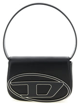 Diesel black cowhide leather shoulder bag with structured silhouette and signature metal logo hardware.
