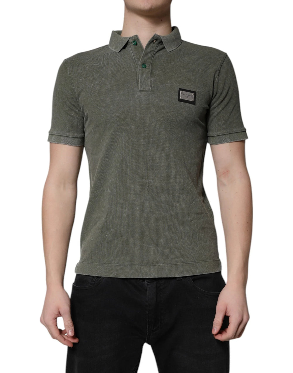 Dolce & Gabbana Army Green Logo Plaque Cotton Polo Shirt T-shirt - Polos