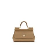Front view of a Dolce & Gabbana beige calf leather Bos Taurus handbag with structured top handle and gold-tone hardware.