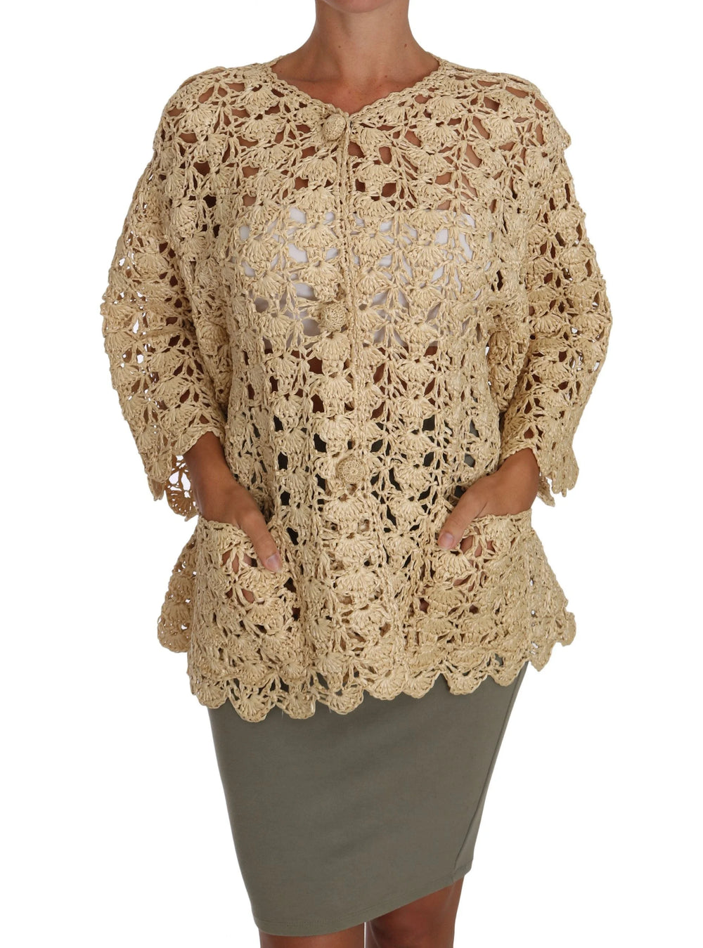 Dolce & Gabbana Beige Cardigan Crochet Knitted Raffia Sweater - IT40|S - Cardigans