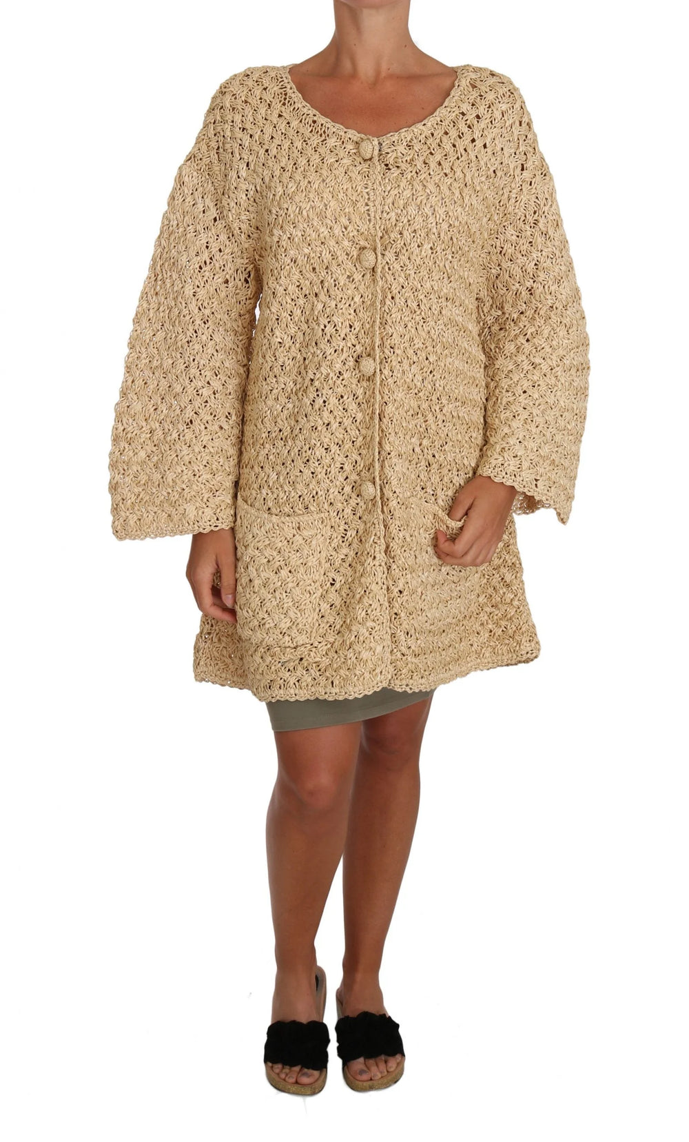Dolce & Gabbana Beige Cardigan Crochet Knitted Raffia Sweater - IT40|S - Cardigans