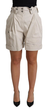Dolce & Gabbana Beige Cotton Pleated High Waist Casual Shorts - Short Trousers