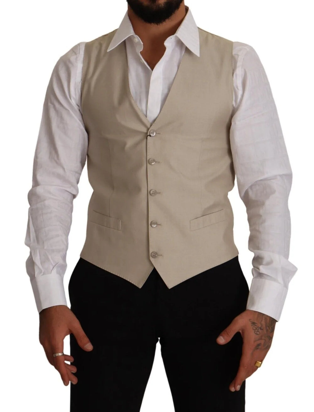 Dolce & Gabbana Beige Cotton Silk Slim Fit Waistcoat Vest - IT48 | M - Vests