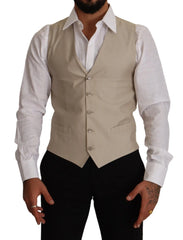 Dolce & Gabbana Beige Cotton Silk Slim Fit Waistcoat Vest - IT48 | M - Vests