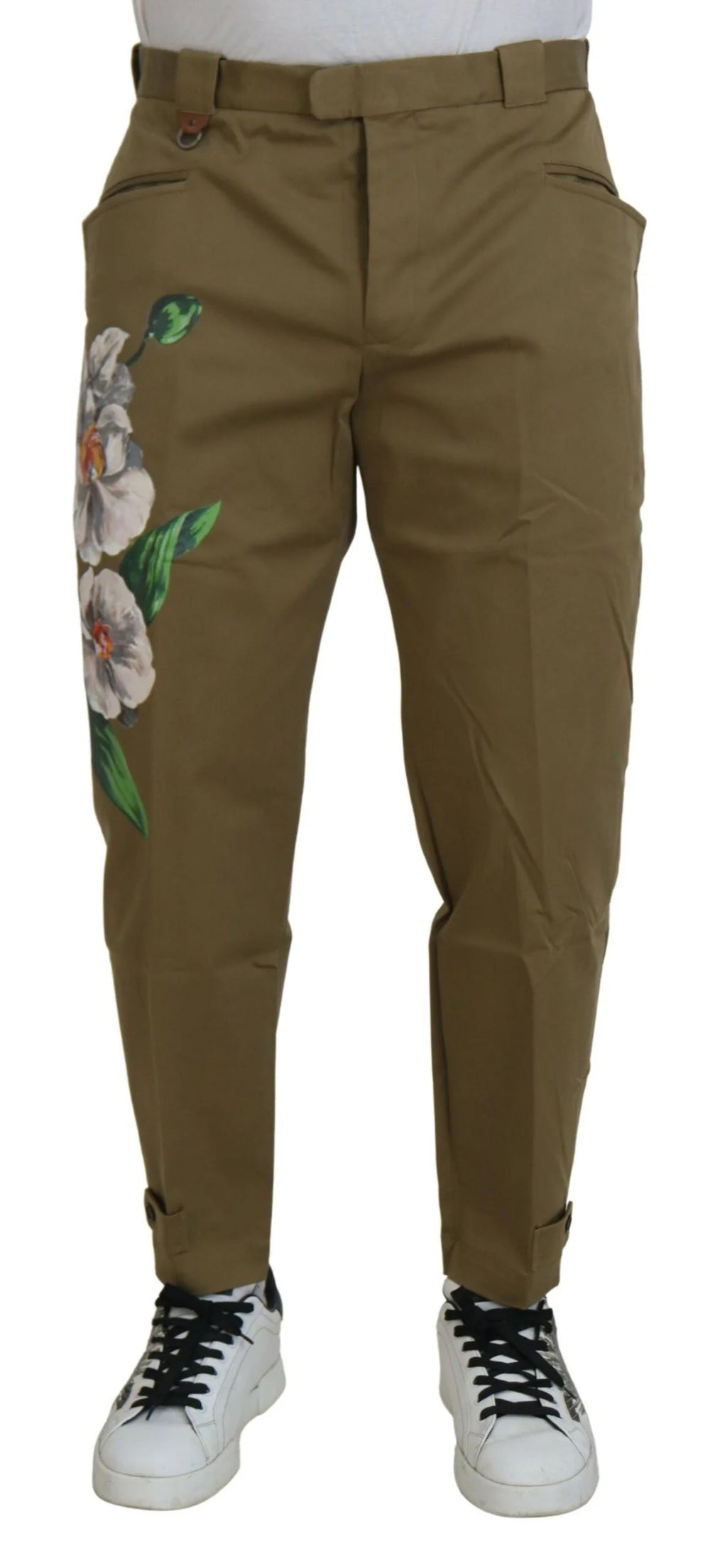Dolce & Gabbana Beige Cotton Stretch Floral Chinos Pants - Chinos
