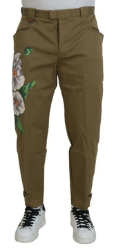 Dolce & Gabbana Beige Cotton Stretch Floral Chinos Pants - Chinos