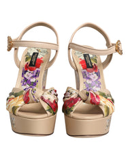 Dolce & Gabbana Beige Floral Ankle Strap Wedge Sandals Shoes - Sandals