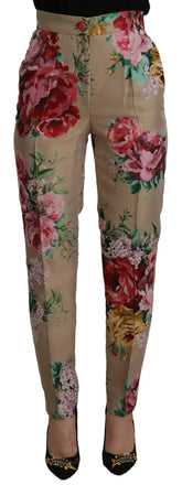 Dolce & Gabbana Beige Floral Dress Formal High Waist Pants - Trousers