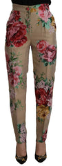 Dolce & Gabbana Beige Floral Dress Formal High Waist Pants - Trousers