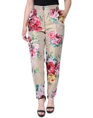 Dolce & Gabbana Beige Floral Jacquard High Waist Tapered Pants - IT46|XL - Trousers