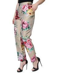 Dolce & Gabbana Beige Floral Jacquard High Waist Tapered Pants - IT46|XL - Trousers