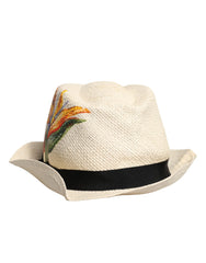 Dolce & Gabbana Beige Floral Print Straw Wide Brim Fedora Hat - Fedoras
