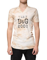 Dolce & Gabbana Beige Graphic Print Cotton V-neck T-shirt - IT48 | M - T-Shirts