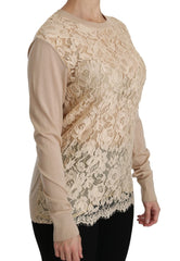 Dolce & Gabbana Beige Lace Long Sleeve Top Cashmere Blouse - IT38|XS - Blouses