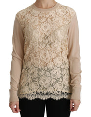 Dolce & Gabbana Beige Lace Long Sleeve Top Cashmere Blouse - IT38|XS - Blouses