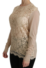 Dolce & Gabbana Beige Lace Long Sleeve Top Cashmere Blouse - IT38|XS - Blouses