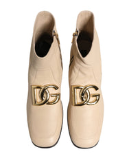 Dolce & Gabbana Beige Leather Logo Plaque Ankle Boots Shoes - EU44/US11