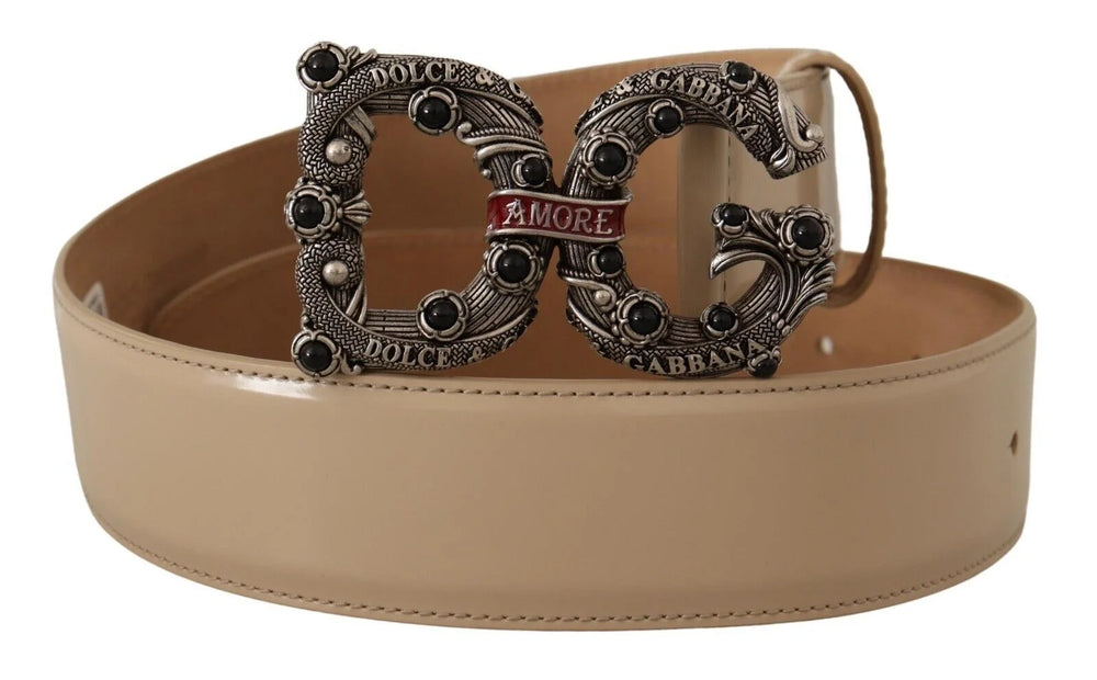 Dolce & Gabbana Beige Leather Silver Logo Buckle Amore Belt - 75 cm / 29,5 Inches - Belts