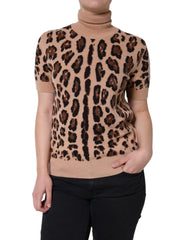 Dolce & Gabbana Beige Leopard Print Wool Turtleneck Top - IT44 | L - Sweaters