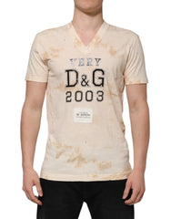 Dolce & Gabbana Beige Logo Print Short Sleeve V-neck T-shirt - IT50 | L - T-Shirts