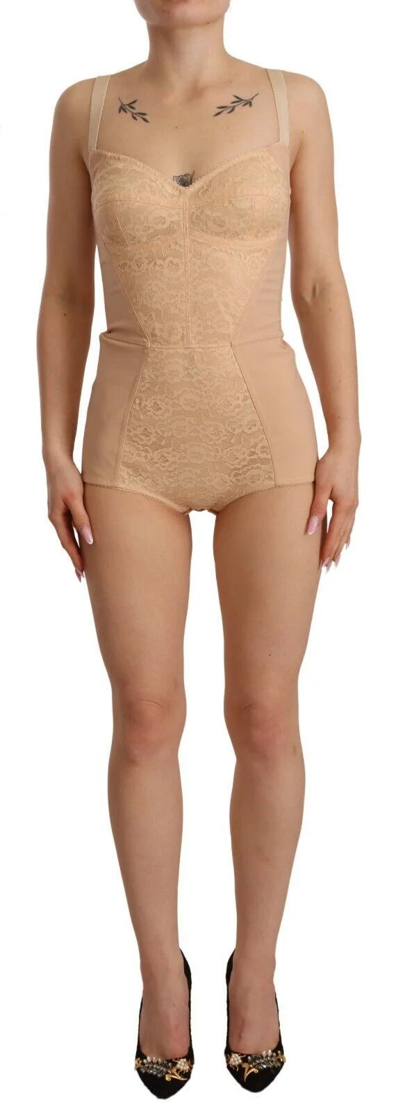 Dolce & Gabbana Beige Nylon Floral Lace Bodysuit Underwear - Bodysuits