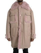 Dolce & Gabbana Beige Pink Lamb Leather Shearling Coat Jacket - IT52 | XL - Overcoats