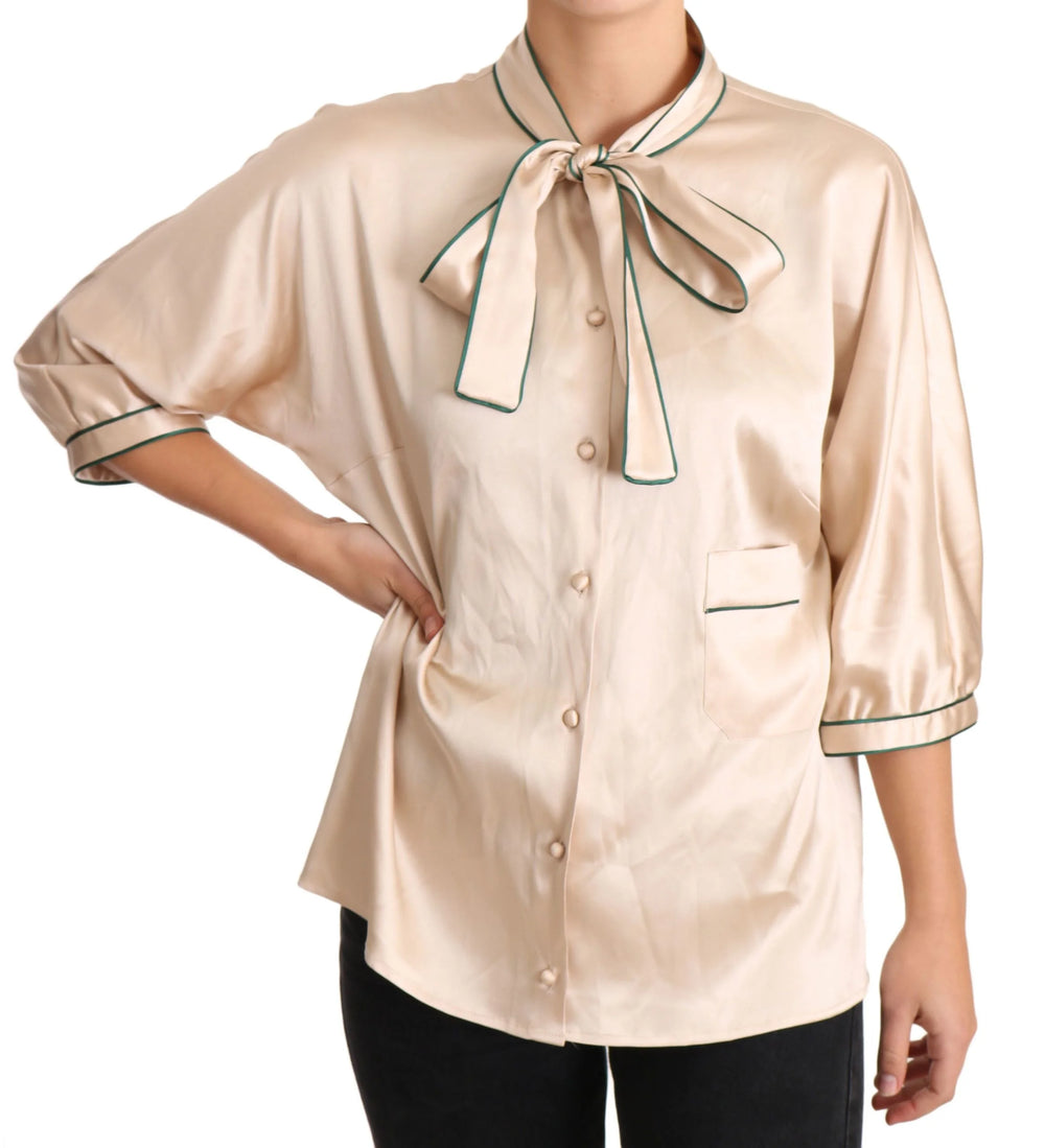 Dolce & Gabbana Beige Ribbon Silk Stretch Top Blouse - IT48|XXL - Blouses
